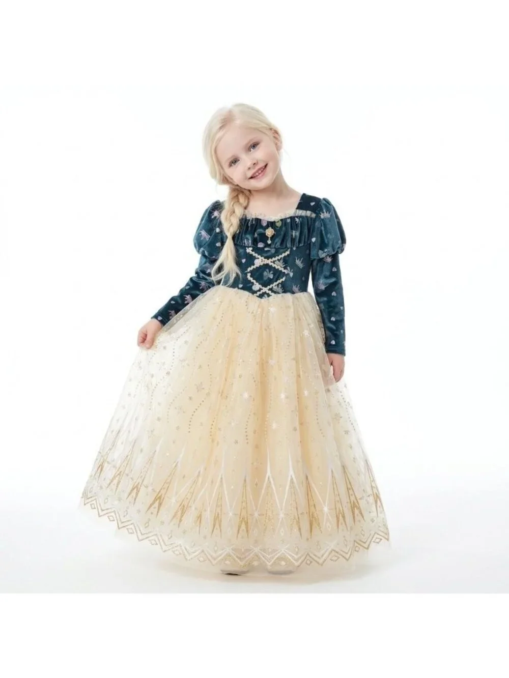 Girls Elsa Frozen Princess Costume Dress Set Teal Cream Velvet Tulle Birthday